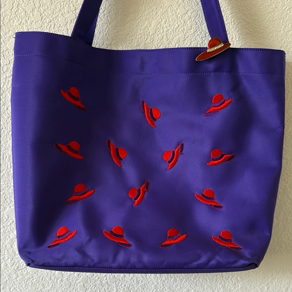 My Mom’s Red Hat Ladies Purple Tote Bag with hat design PLUS Enamel Pin